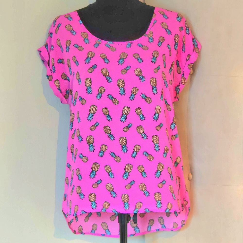 Playful Pineapples Pink Allover Print Top, Hi Low Hem, Cuff Sleeves by Pink Rose
